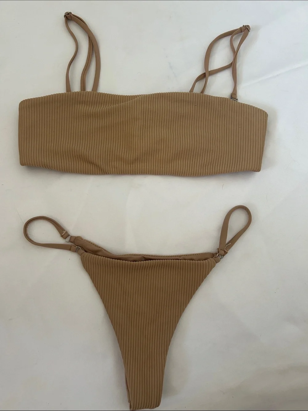 Frankies Bikinis Scarlet Ribbed Bandeau Bikini Set Top & Bottoms in Tan Nude